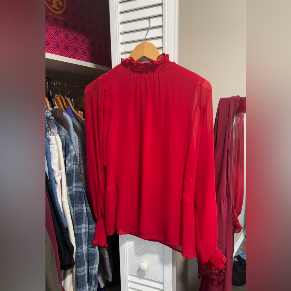 Vince Camuto Red Holiday Flowy Blouse With Smocked Neck and Sleeves